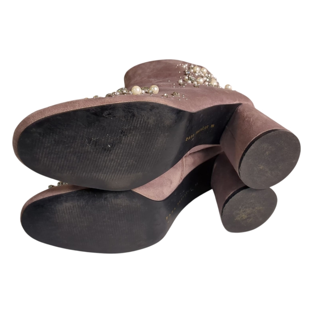 ZARA Pink Suede Jewel and Pearl Encrusted Boots Booties SZ 38 / US 7 - Picture 7 of 8
